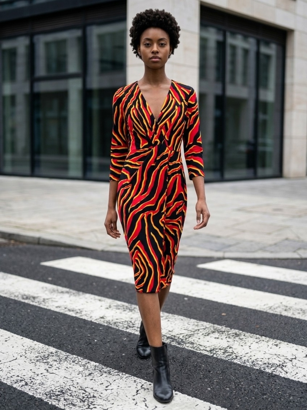 Anne Klein Red and Black Print Wrap Midi Dress